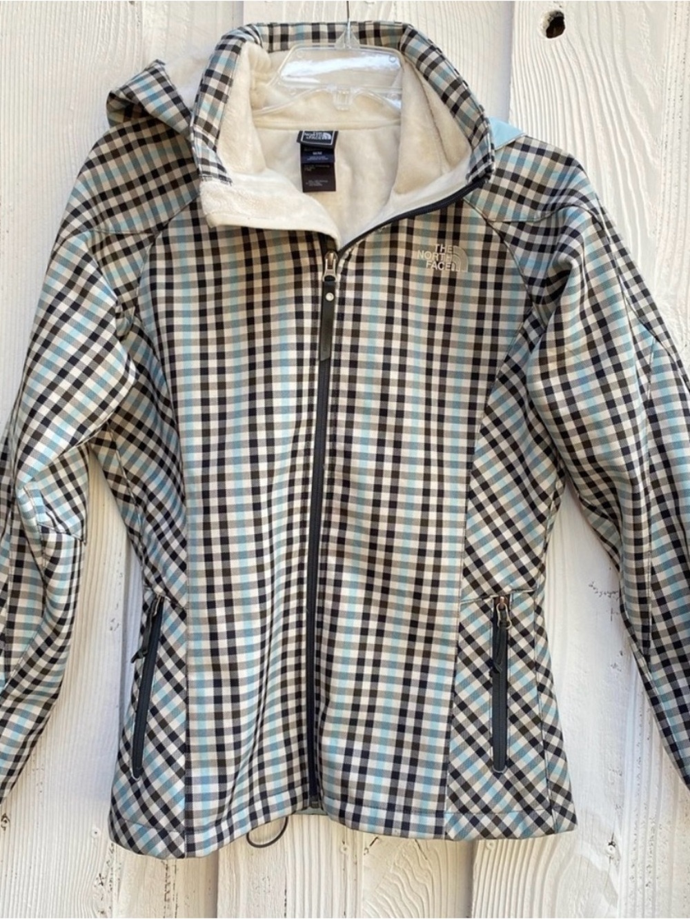 The North Face APEX Plaid Zip-Up Jacket in Black, White & Light Blue M